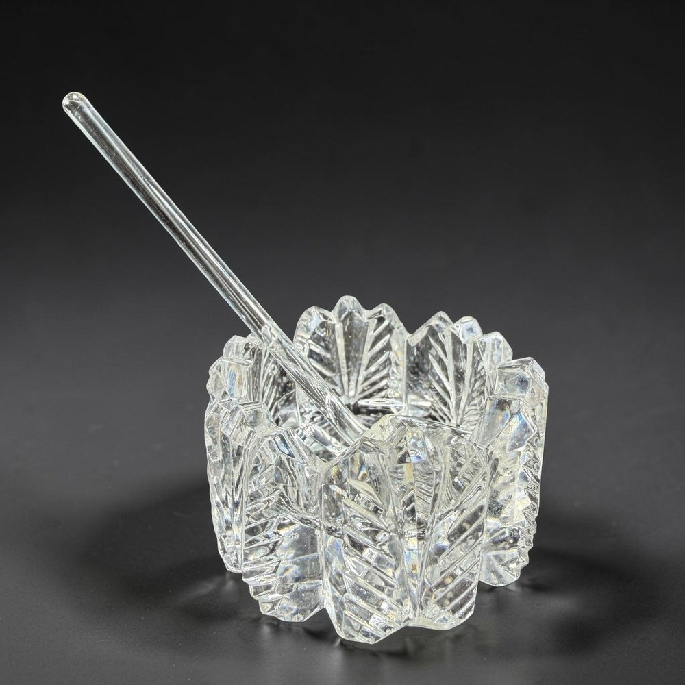 Vintage Cut Glass Open Salt Cellar with Glass Spoon Sawtooth Rim Clear Crystal